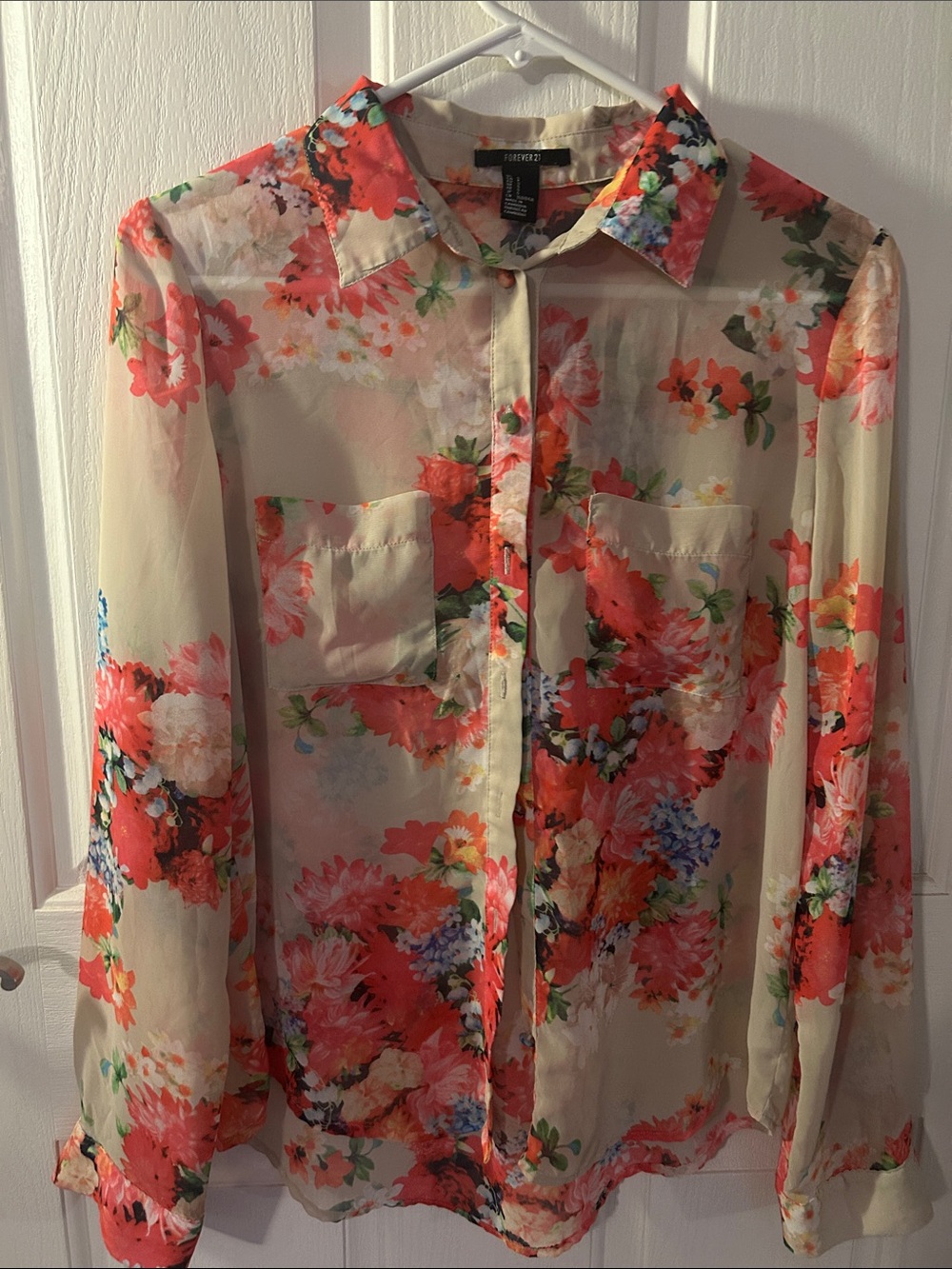 Forever 21 Floral Sheer Button-Down Blouse in Coral and Cream